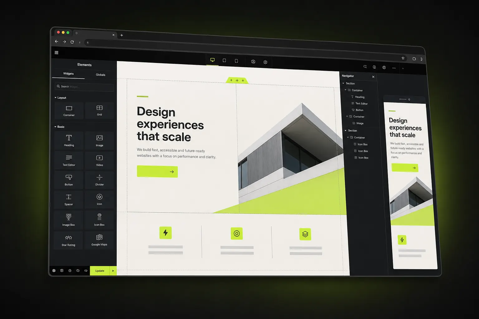 Interface visual de criação de uma Landing Page no WordPress Elementor